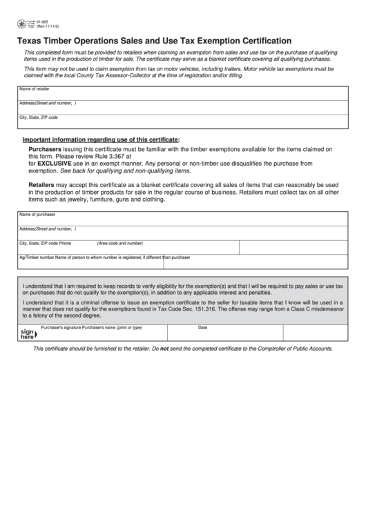 Fillable Form 01 925 Texas Timber Operations Sales And Use Tax 