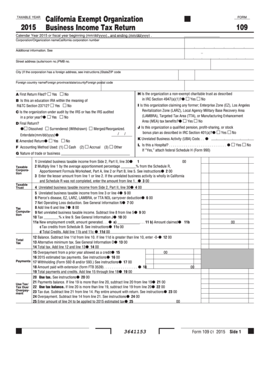 Fillable Form 109 California Exempt Organization Business Income Tax 