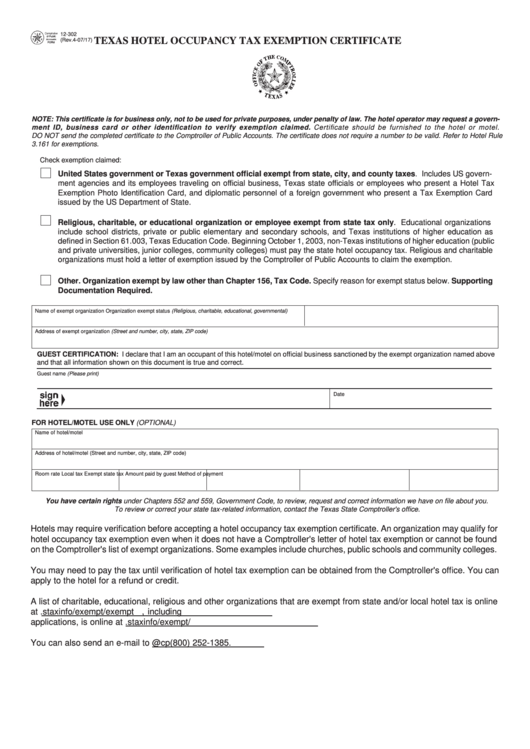 Fillable Form 12 302 Texas Hotel Occupancy Tax Exemption Certificate 