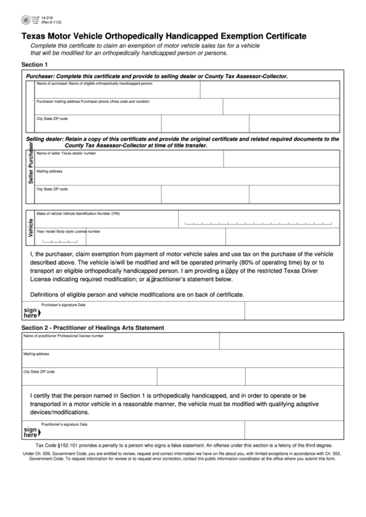 Fillable Form 14 318 Texas Motor Vehicle Orthopedically Handicapped