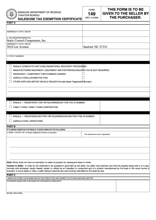 Fillable Form 149 2006 Sales use Tax Exemption Certificate Printable 