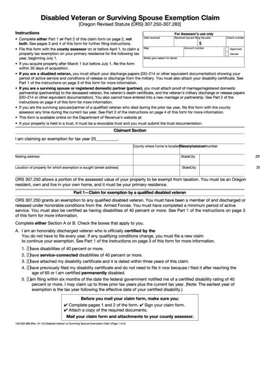 Fillable Form 150 303 086 Disabled Veteran Or Surviving Spouse 