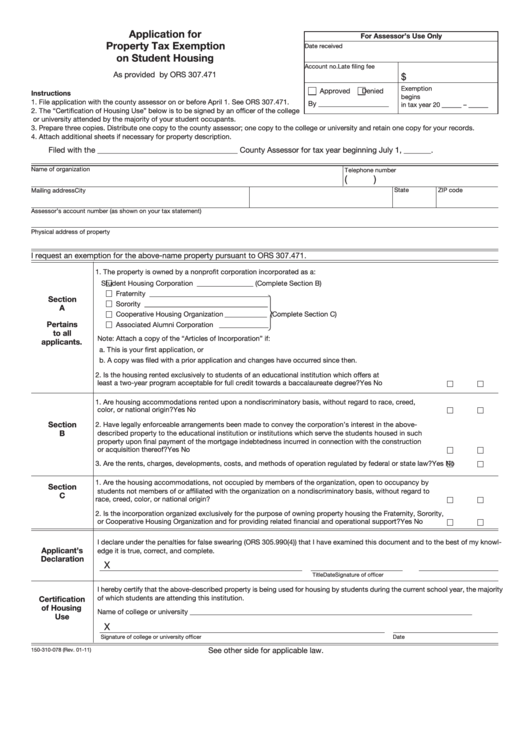 Fillable Form 150 310 078 Application For Property Tax Exemption On 