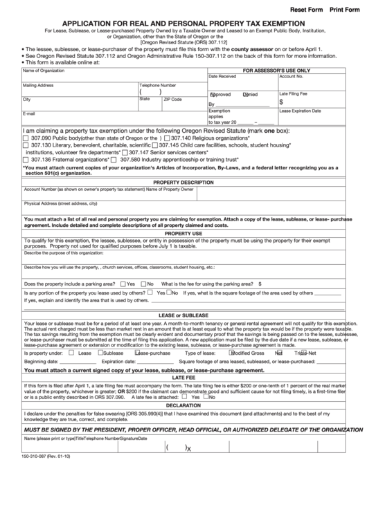 Fillable Form 150 310 087 Application For Real And Personal Propery 