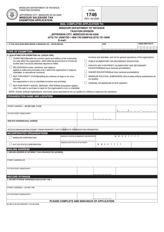 Fillable Form 1746 Missouri Sales use Tax Exemption Application 