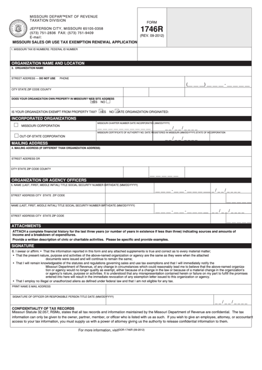 Fillable Form 1746r Missouri Sales use Tax Exemption Renewal 