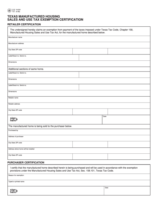 Fillable Form 18 301 Texas Manufactured Housing Sales And Use Tax