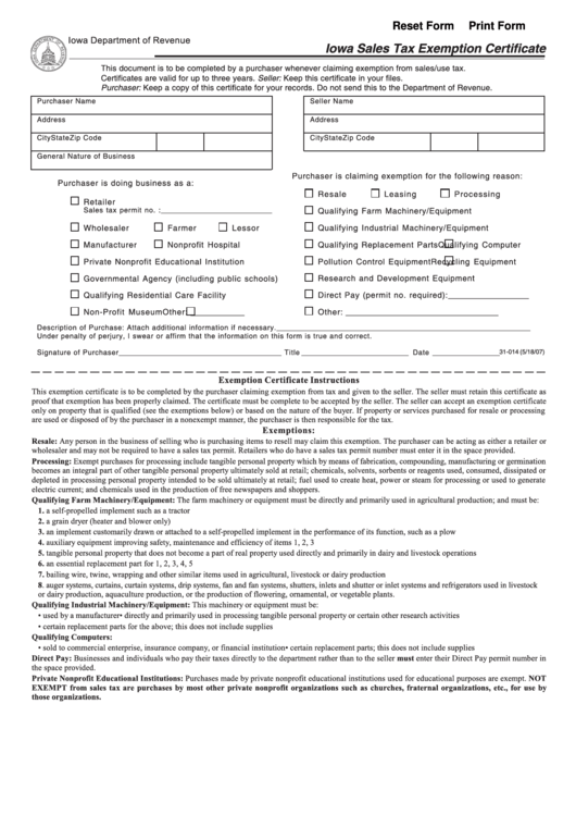 Fillable Form 31 014 Iowa Sales Tax Exemption Certificate 2007 