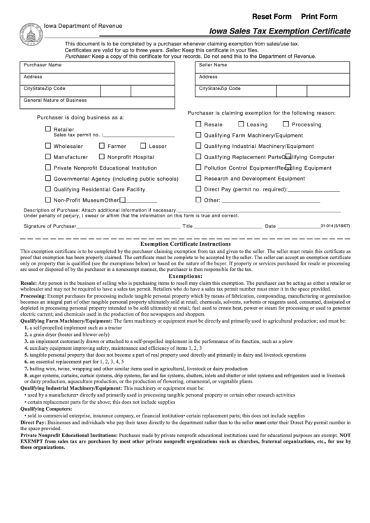 Fillable Form 31 014 Iowa Sales Tax Exemption Certificate 2007