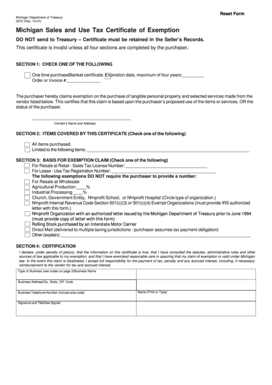 Fillable Form 3372 Michigan Sales And Use Tax Certificate Of 