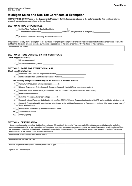 Fillable Form 3372 Michigan Sales And Use Tax Certificate Of 