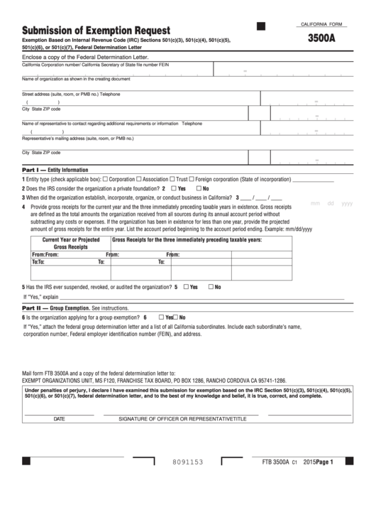 Fillable Form 3500a California Submission Of Exemption Request 