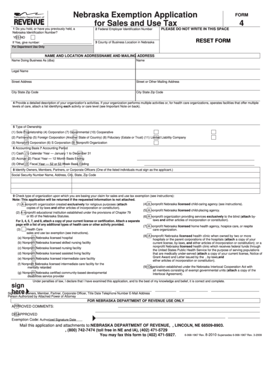 Fillable Form 4 Nebraska Exemption Application For Sales And Use Tax 
