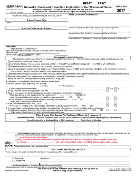 Fillable Form 458 Nebraska Homestead Exemption Application Or 