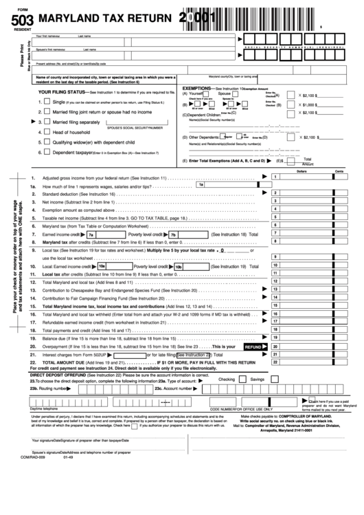 Fillable Form 503 Maryland Tax Return 2001 Printable Pdf Download