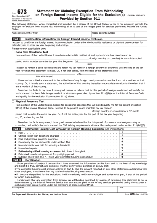 Fillable Form 673 Statement For Claiming Exemption From Withholding 