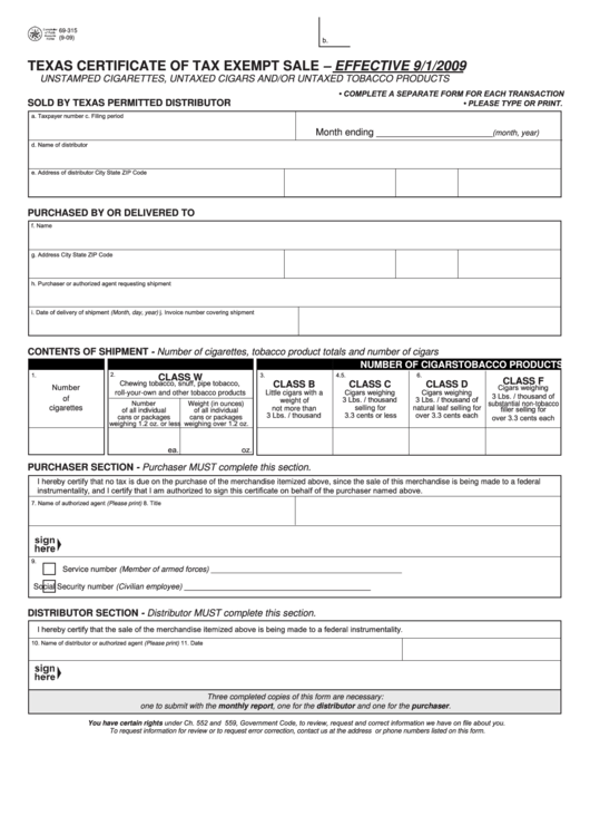 Fillable Form 69 315 Texas Certificate Of Tax Exempt Sale Printable 