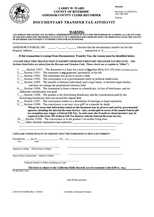 Fillable Form Acr 521p As4ex0 Documentary Transfer Tax Affidavit 