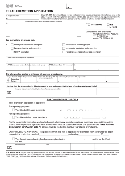 Fillable Form Ap 158 Texas Exemption Application 2012 Printable Pdf 