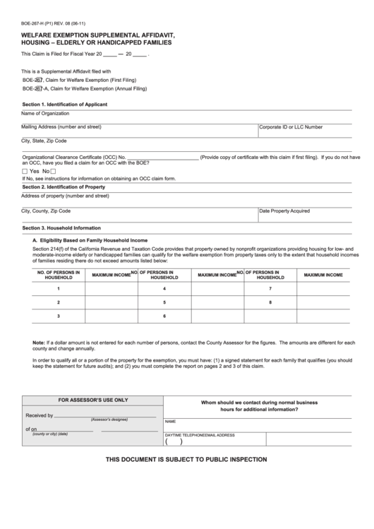 Fillable Form Boe 267 H Welfare Exemption Supplemental Affidavit 