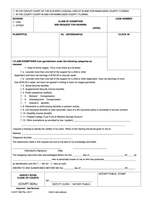 Fillable Form Clk ct 862 Claim Of Exemption And Request For Hearing 