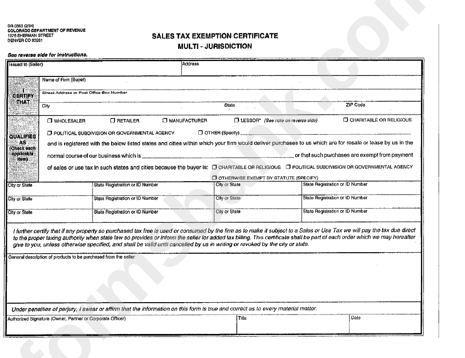 Fillable Form Dr 0563 Sales Tax Exemption Certificate Multi 