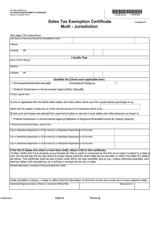 Fillable Form Dr 0563 Sales Tax Exemption Certificate Multi 