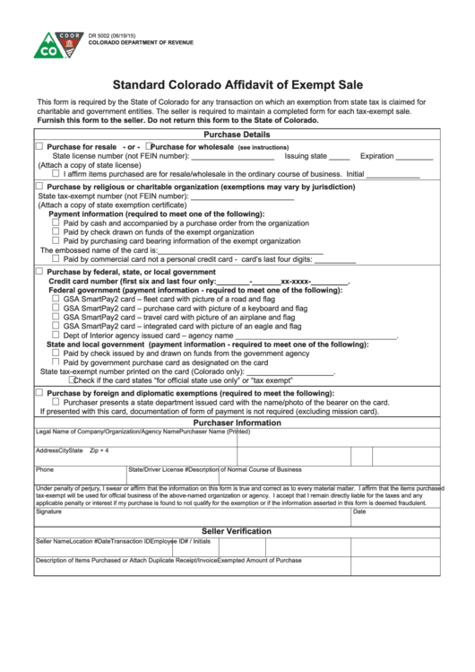 Fillable Form Dr 5002 Standard Colorado Affidavit Of Exempt Sale 