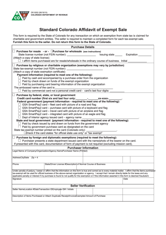 Fillable Form Dr 5002 Standard Colorado Affidavit Of Exempt Sale