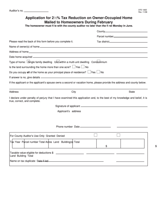 Fillable Form Dte 105d Application For 22 Tax Reduction On Owner 