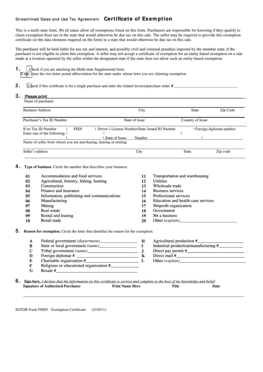 Fillable Form F0003 Streamlined Sales And Use Tax Agreement 