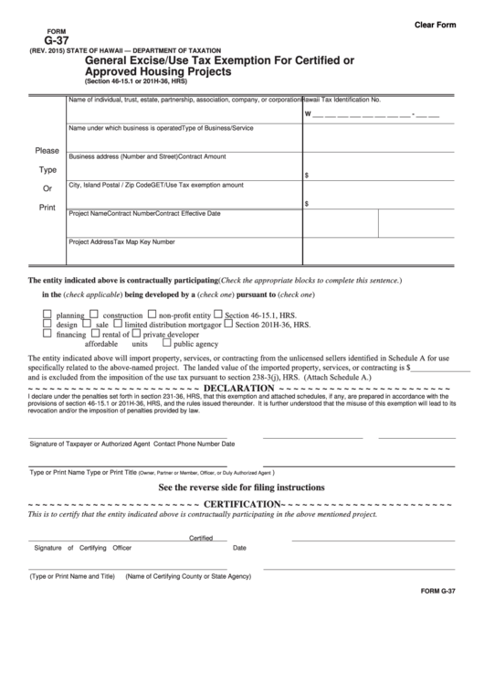 Fillable Form G 37 General Excise use Tax Exemption For Certified Or 