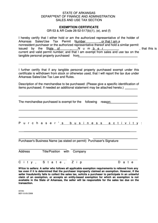 Fillable Form Gr 53 Ar Exemption Certificate Form State Of