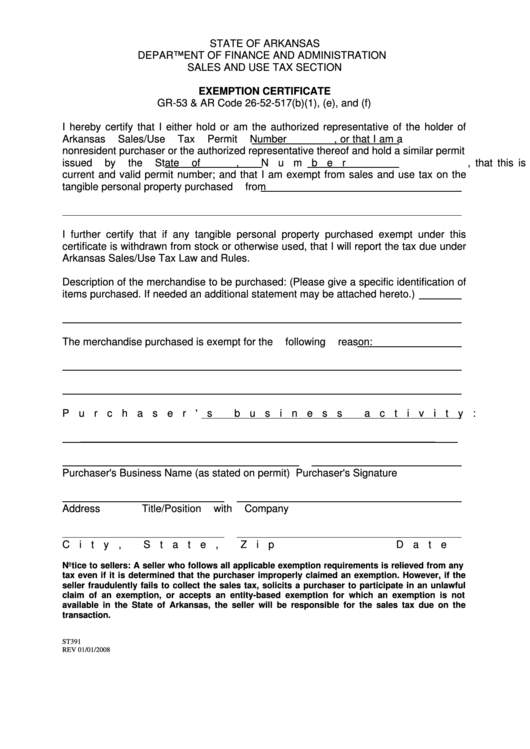 Fillable Form Gr 53 Ar Exemption Certificate Form State Of 