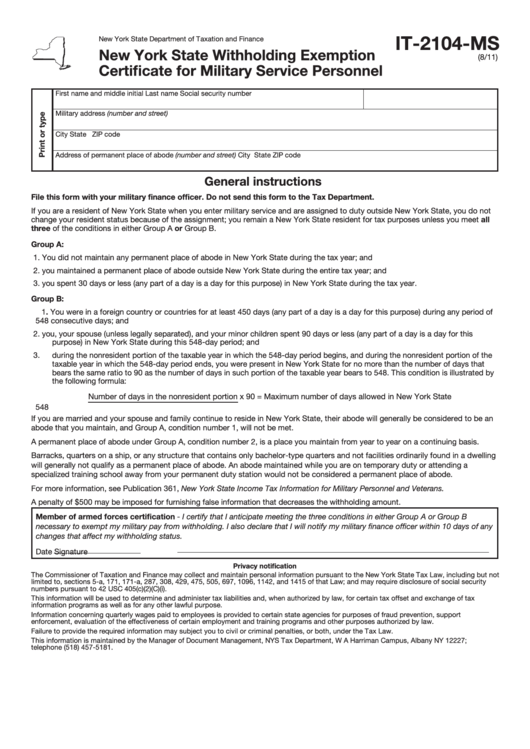 Fillable Form It 2104 Ms New York State Withholding Exemption 