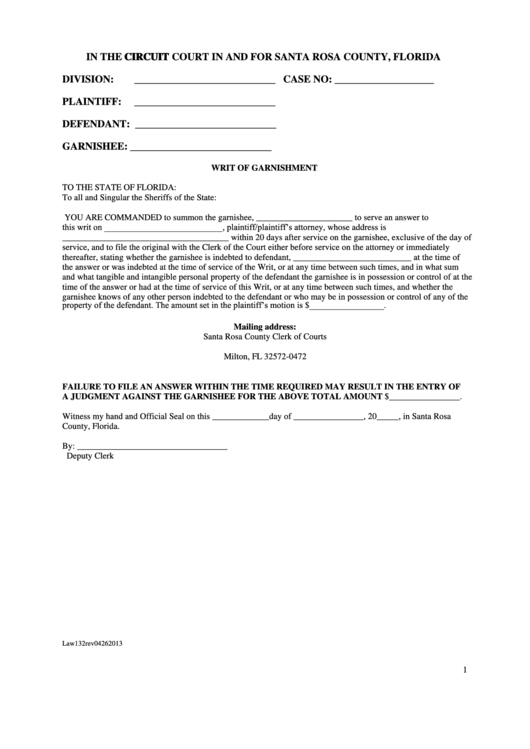 Fillable Form Law132 Writ Of Garnishment form Law 815 Claim Of 