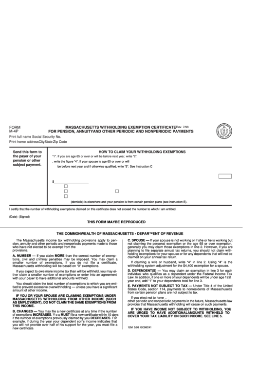 Fillable Form M 4p Massachusetts Withholding Exemption Certificate 