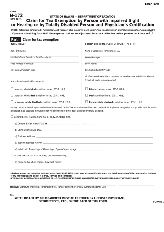 Fillable Form N 172 Claim For Tax Exemption By Person With Impaired 