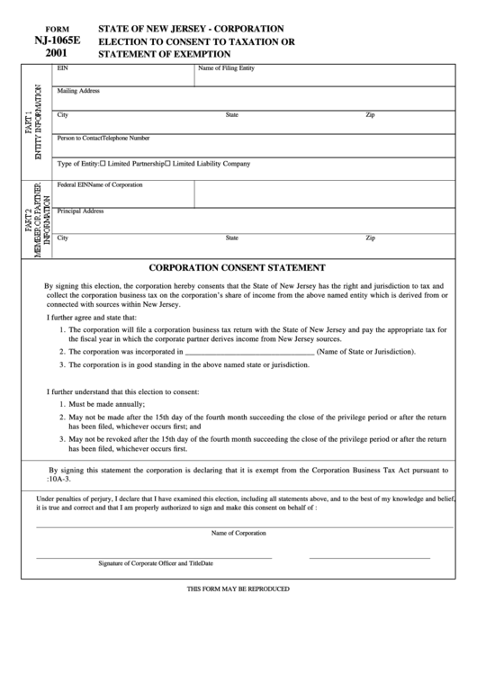 Fillable Form Nj 1065e Election To Consent To Taxation Or Statement 