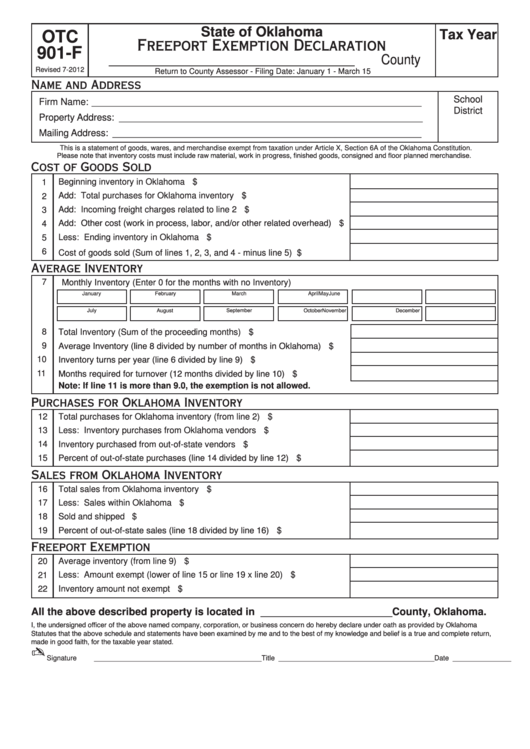 Fillable Form Otc 901 F Freeport Exemption Declaration Printable Pdf 