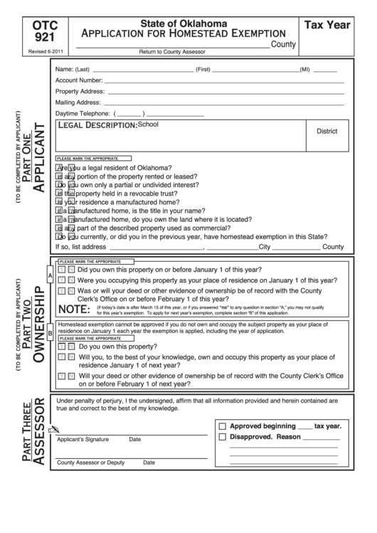 Fillable Form Otc 921 Application For Homestead Exemption Printable 