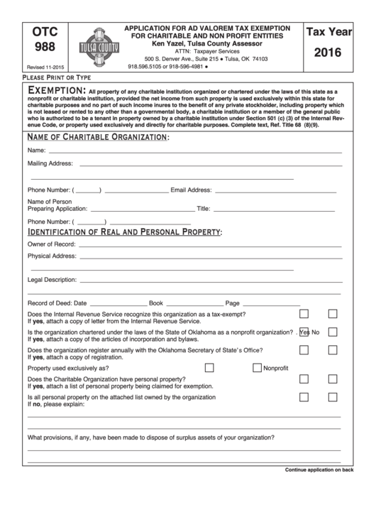 Fillable Form Otc 988 Application For Ad Valorem Tax Exemption For 
