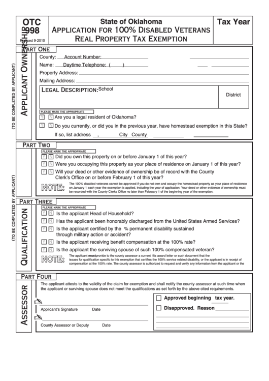 Fillable Form Otc998 Application For 100 Disabled Veterans Real 