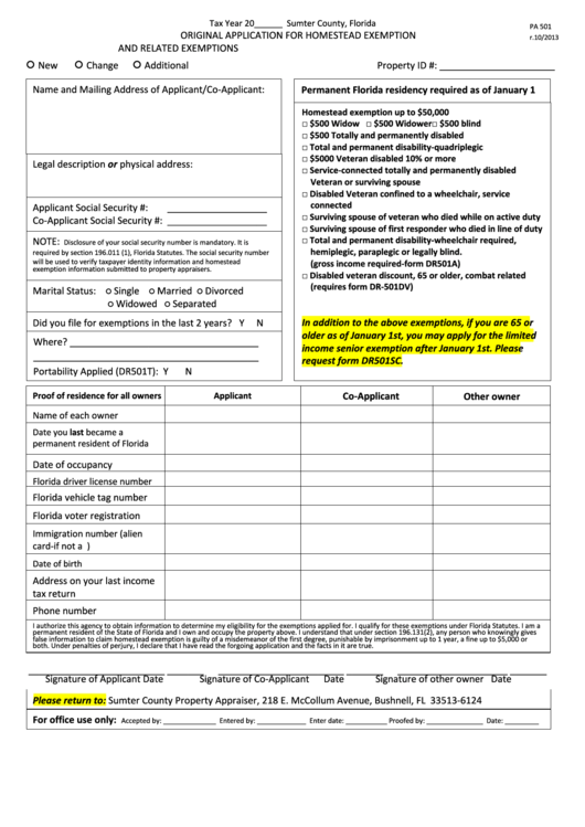 Fillable Form Pa 501 Original Application For Homestead Exemption And 1 