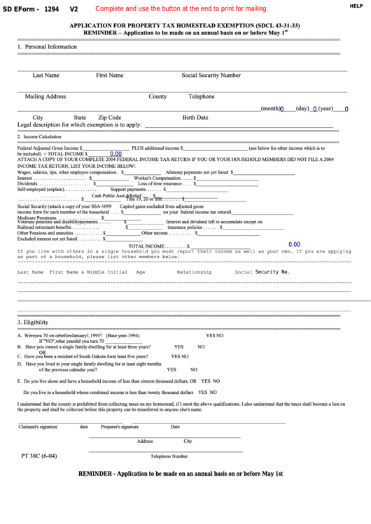 Fillable Form Pt 38c Application For Property Tax Homestead Exemption 