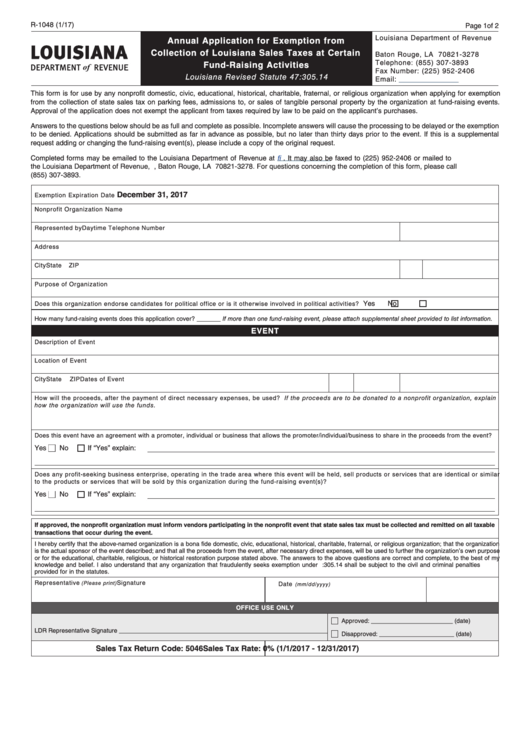 Fillable Form R 1048 Annual Application For Exemption From Collection 