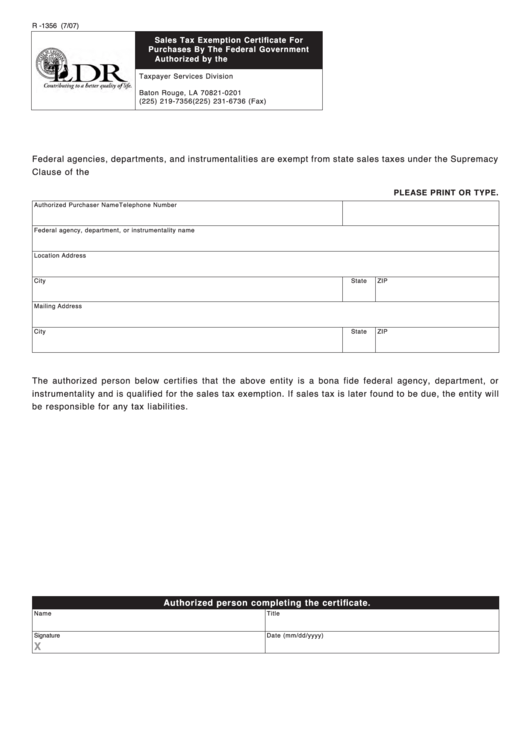 Fillable Form R 1356 Sales Tax Exemption Certificate For Purchases 