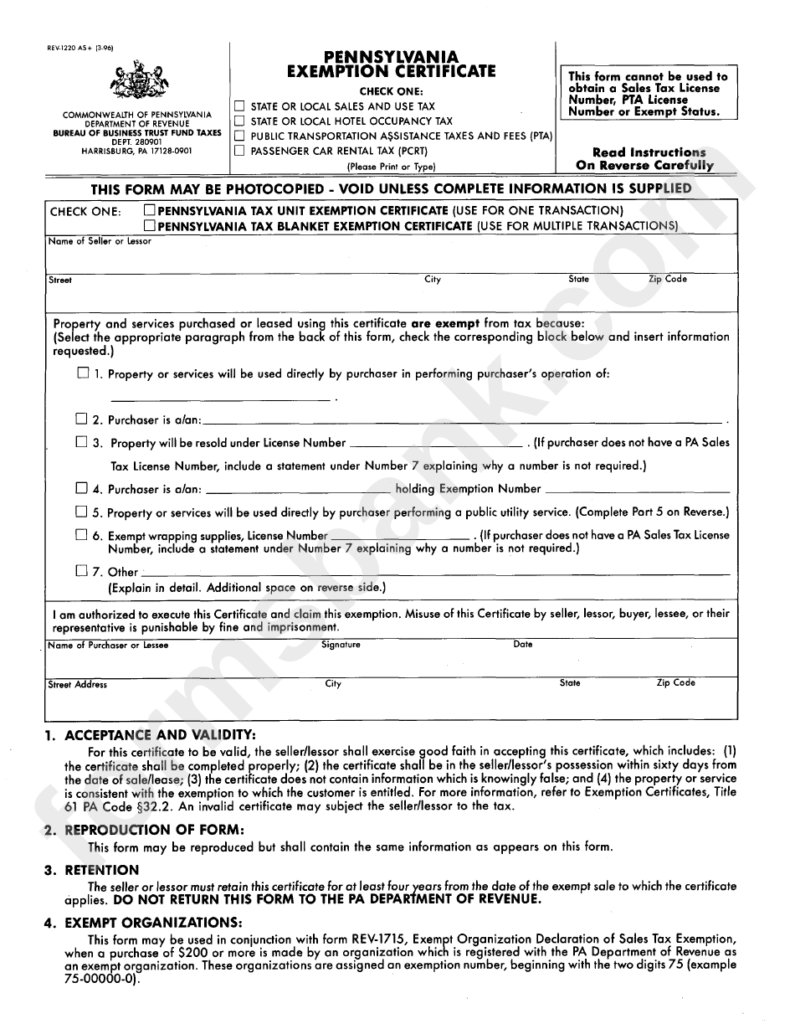 Fillable Form Rev 1220 As Pennsylvania Exemption Certificate 