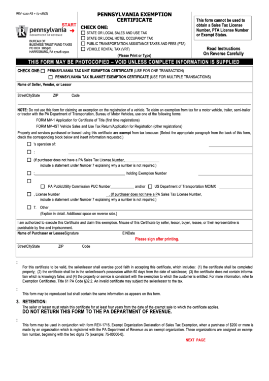 Fillable Form Rev 1220 Pennsylvania Exemption Certificate Printable 