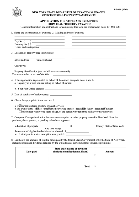 Fillable Form Rp 458 Application For Veterans Exemption From Real 